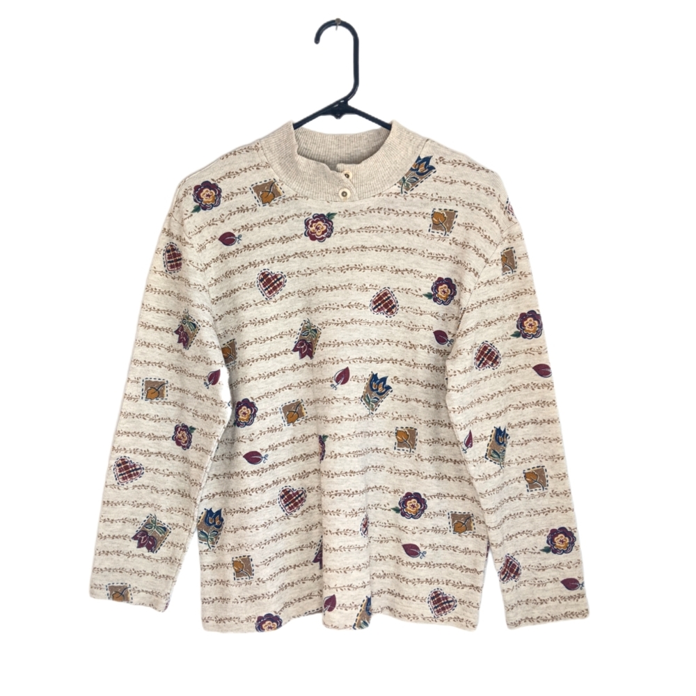 Vintage 80s Fall Print Mock Neck Lightweight Sweatshirt